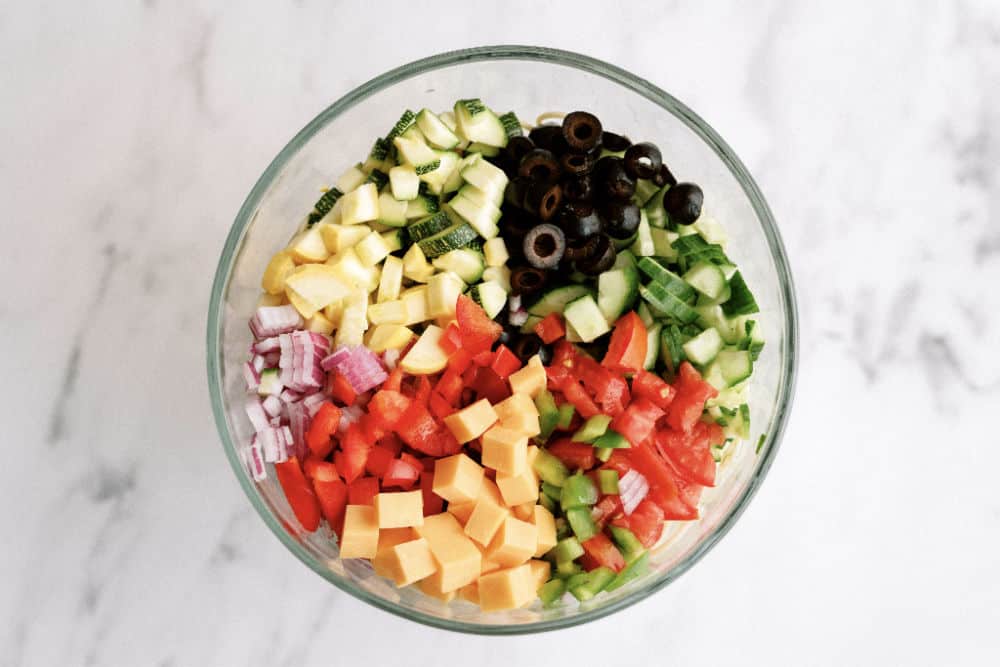 vegetables ready to be mixed with cooked pasta 