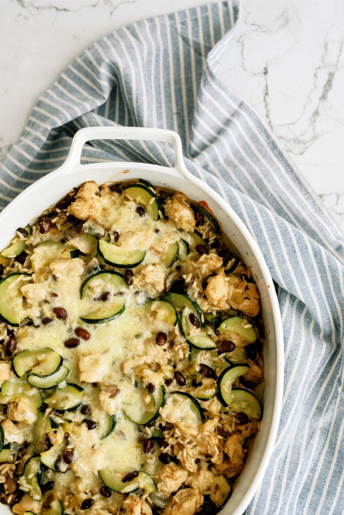Baked Chicken and Black Bean Casserole in a white casserole dish