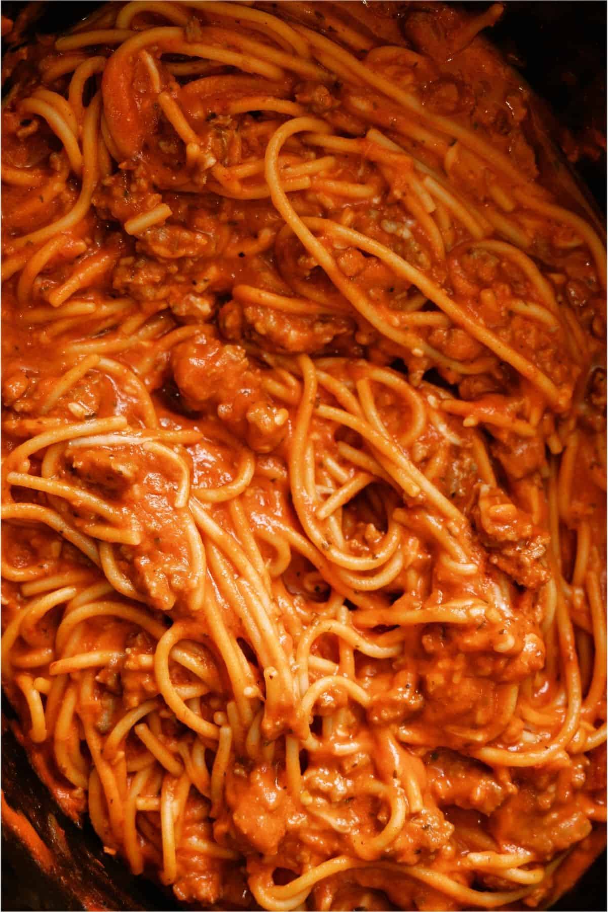 Close up of Crock Pot Creamy Spaghetti.