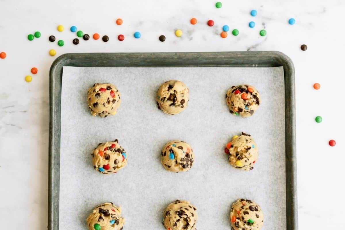 M&M Pudding Cookie Dough on Sheet Pan