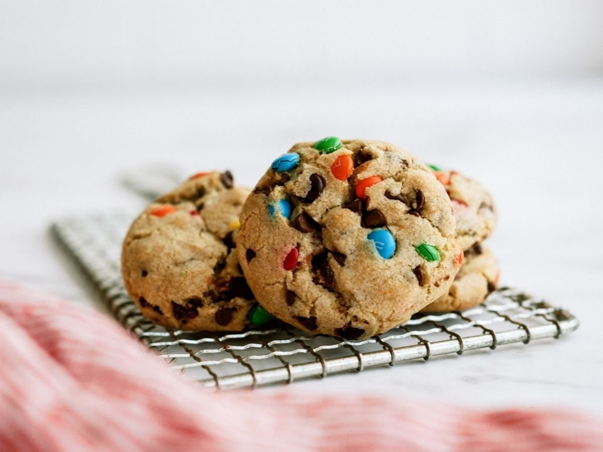 M&M Pudding Cookies on cooling rack