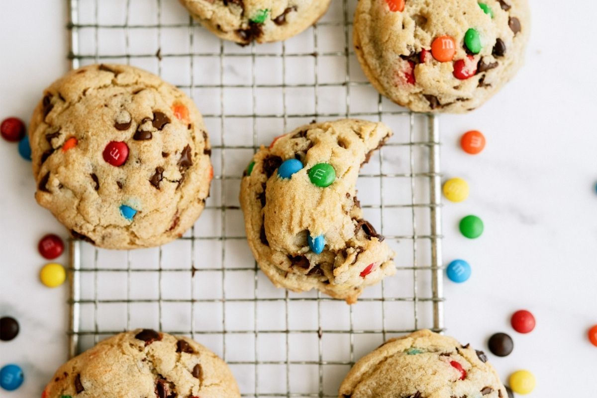 M&M Pudding Cookies on cooling rack