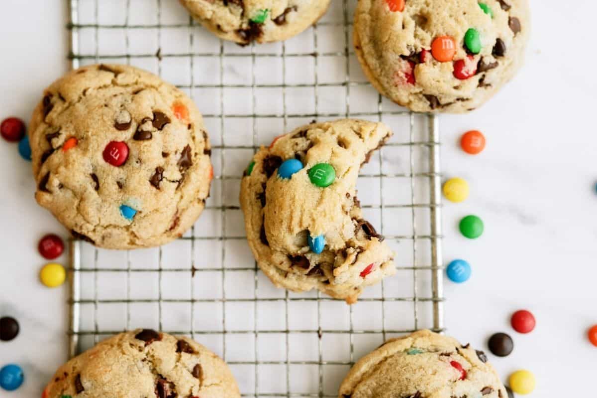 M&M Pudding Cookies on cooling rack