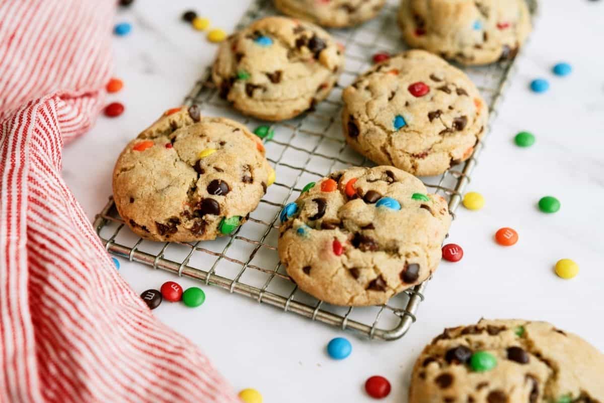 M&M Pudding Cookies on cooling rack