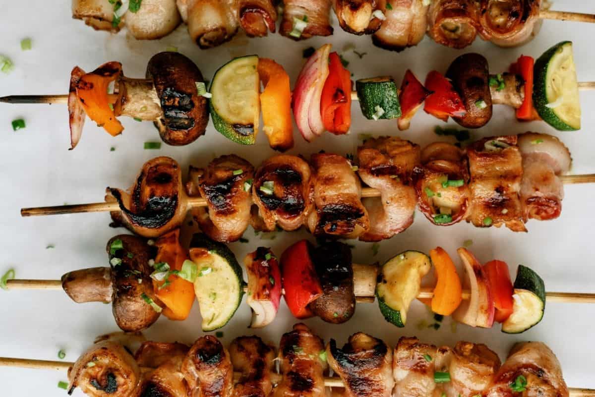 Chicken and Bacon Shish Kabobs with veggie skewers