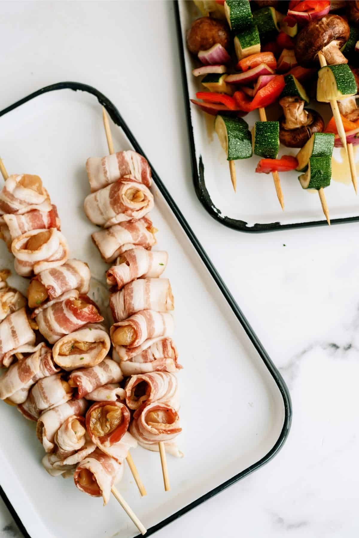 Uncooked Chicken and Bacon Shish Kabobs