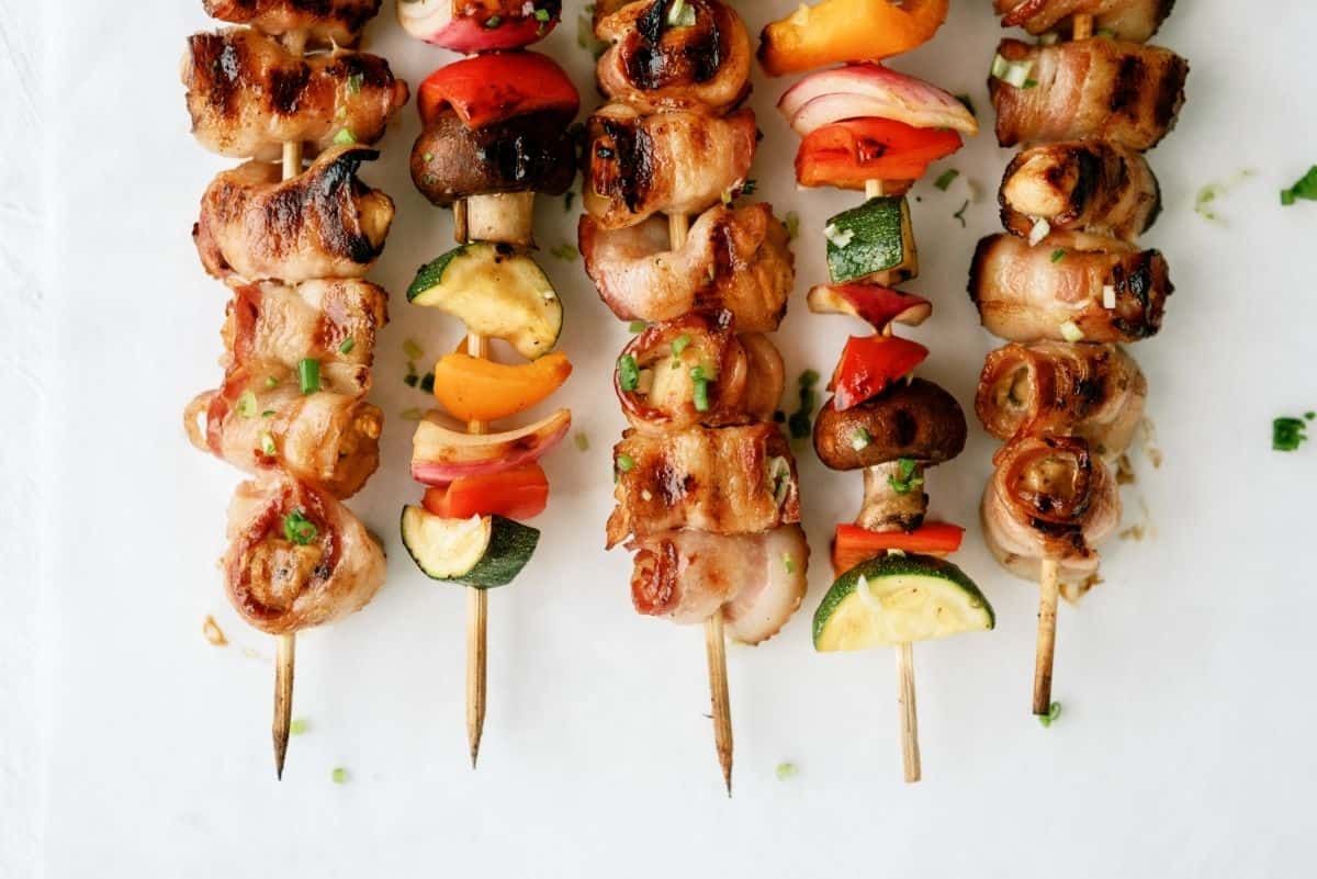 Chicken and Bacon Shish Kabobs with Veggie Skewers