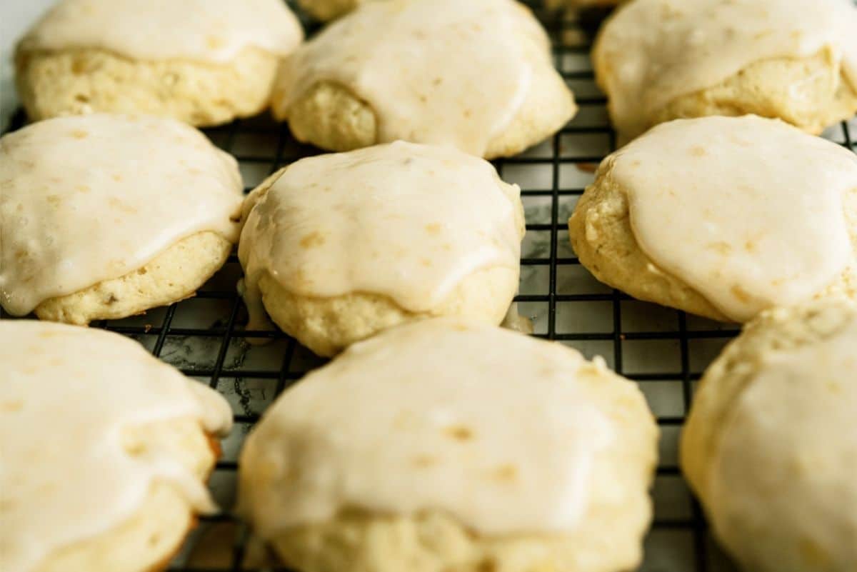 Frosted Banana Cookies on a cooling rack