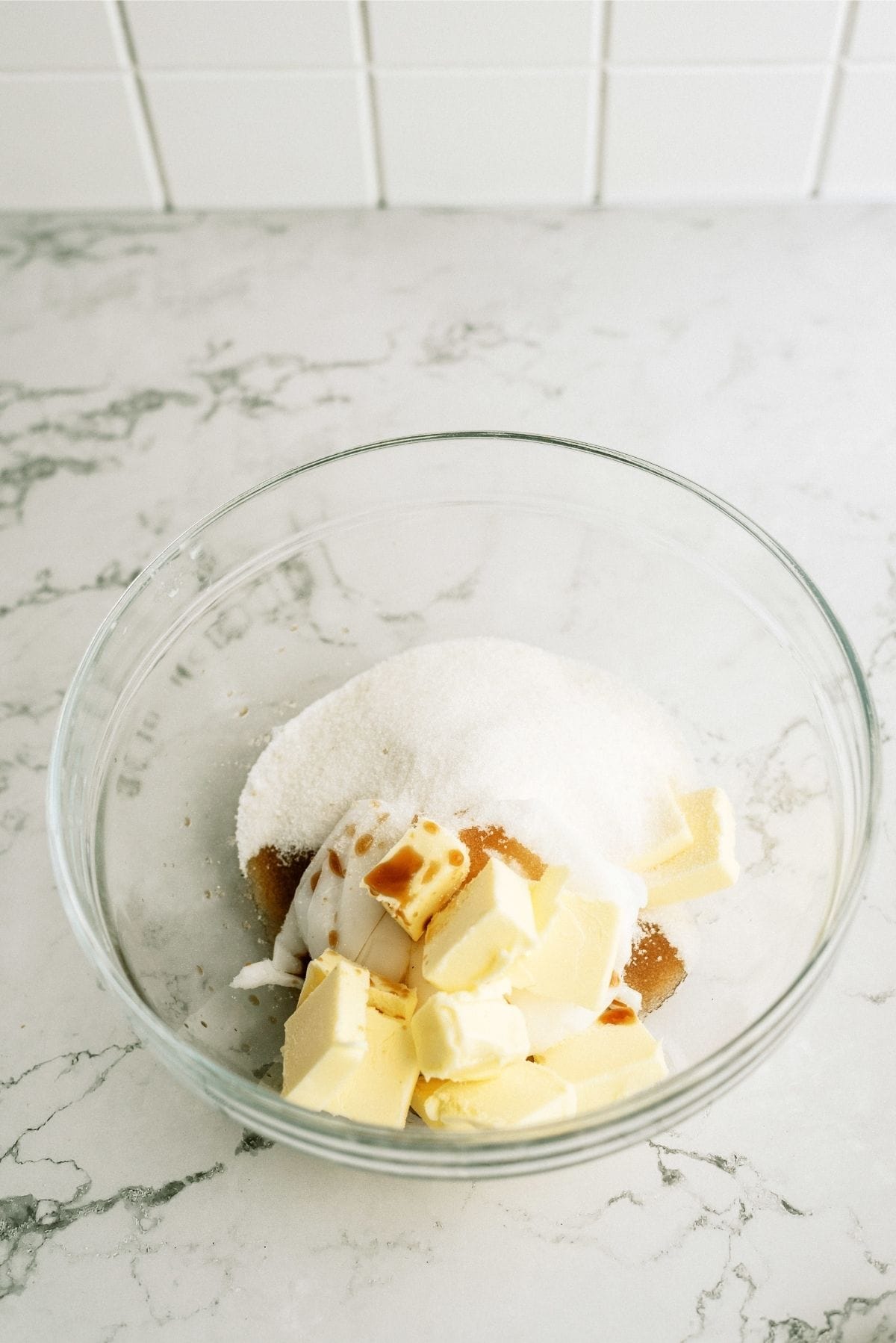 Sugar, Butter and Shortening in a glass bowl