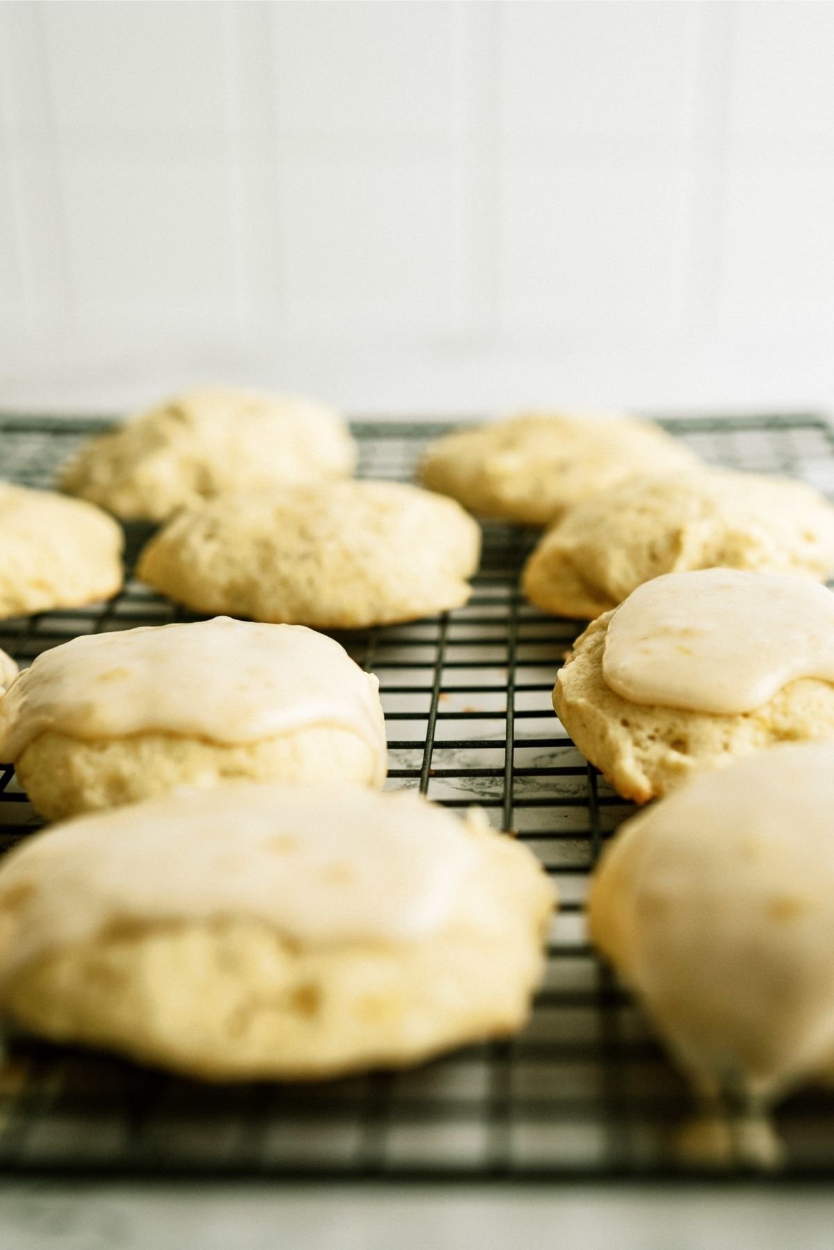Frosted Banana Cookies on a cooling rack
