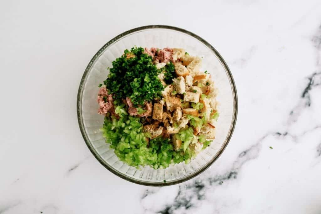 Ingredients for Hawaiian Turkey Burgers mixed in a bowl.