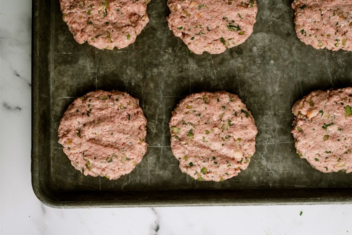 Turkey Hamburger Patties formed and placed on a sheet pan