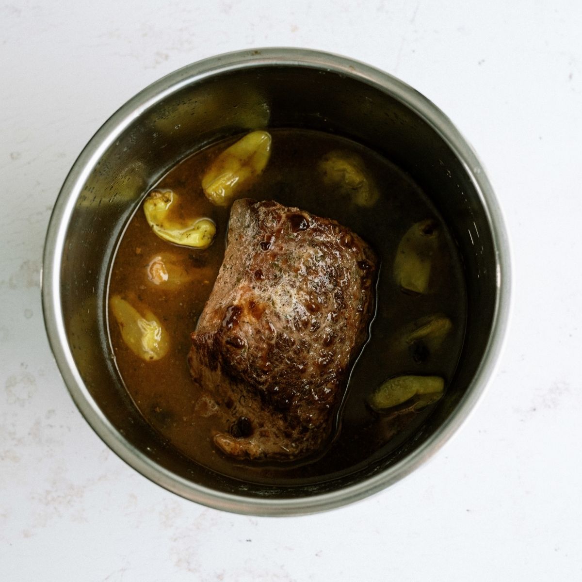 Cooked Instant Pot Mississippi Pot Roast with Pepperoncini Peppers in the Instant Pot