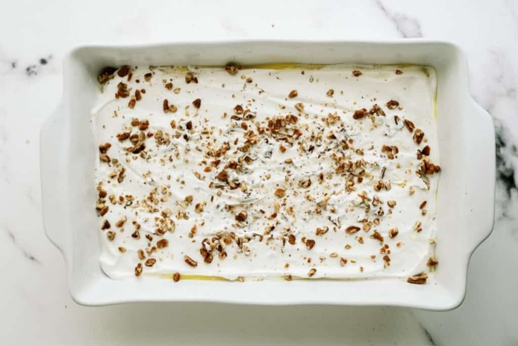 Layered Lemon Dessert in a baking dish.