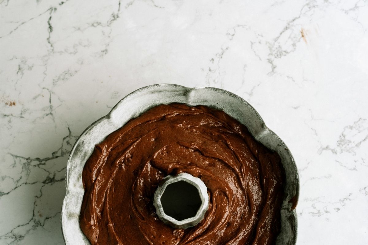 Triple Chocolate batter in a bundt cake pan unbaked