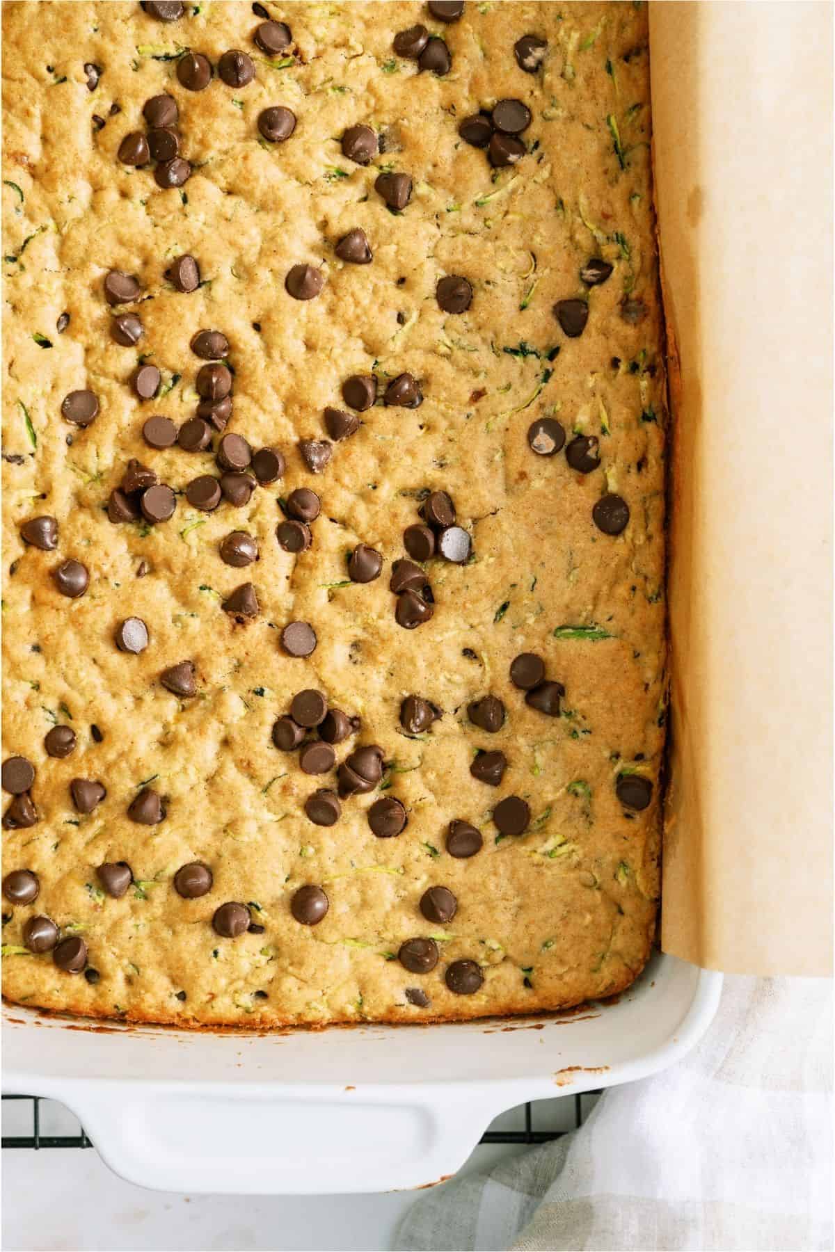 Chocolate Chip Zucchini Bars in a baking pan.