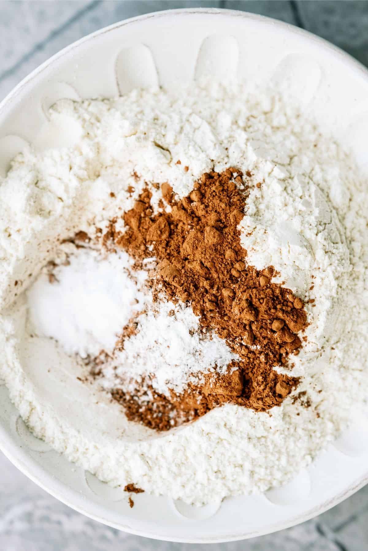 Dry ingredients for Chocolate Zucchini Sheet Cake Recipe mixed in a bowl