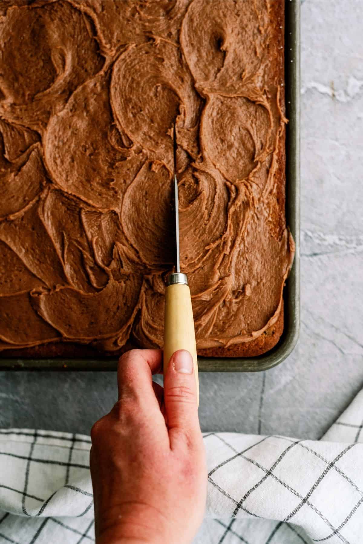 Slicing Chocolate Zucchini Sheet Cake 