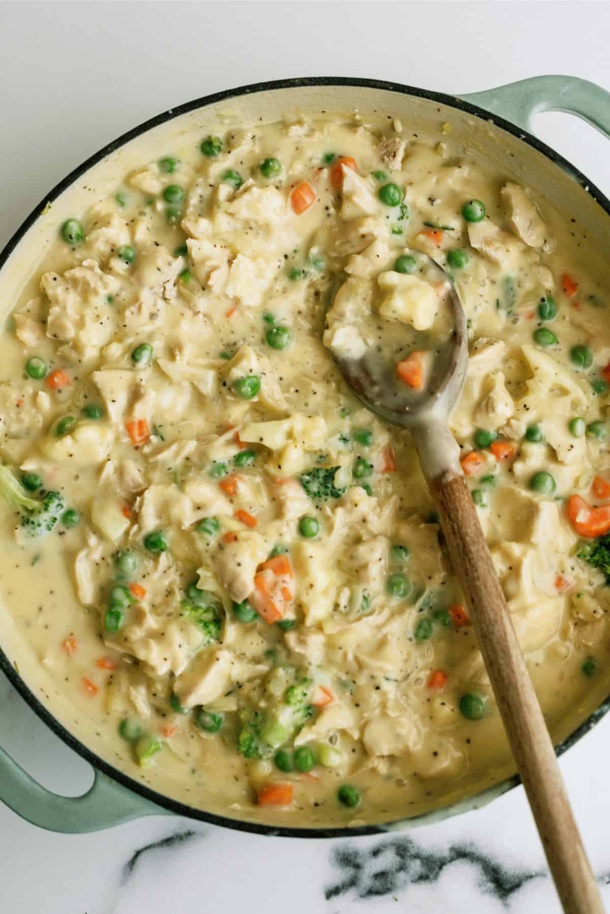 Filling and Vegetables mixed together in a large pan