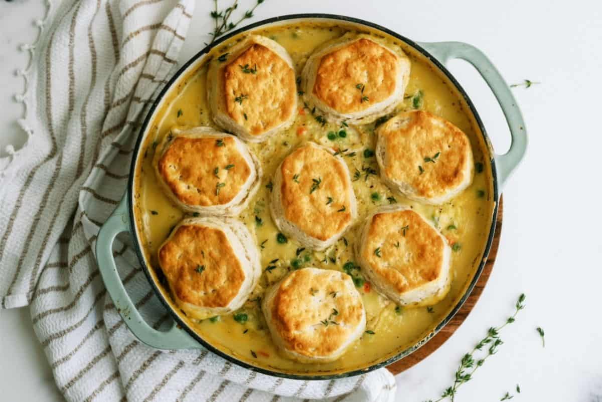 Easy Biscuit Chicken Pot Pie in a casserole dish