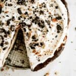 Top view of No Bake Mississippi Mud Ice Cream Pie with a slice missing.