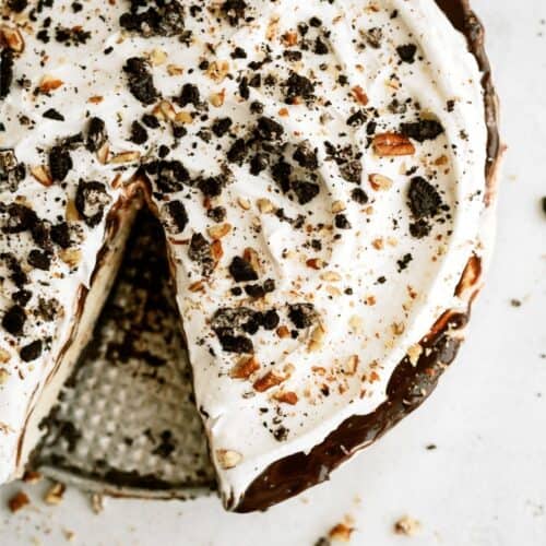 Top view of No Bake Mississippi Mud Ice Cream Pie with a slice missing.