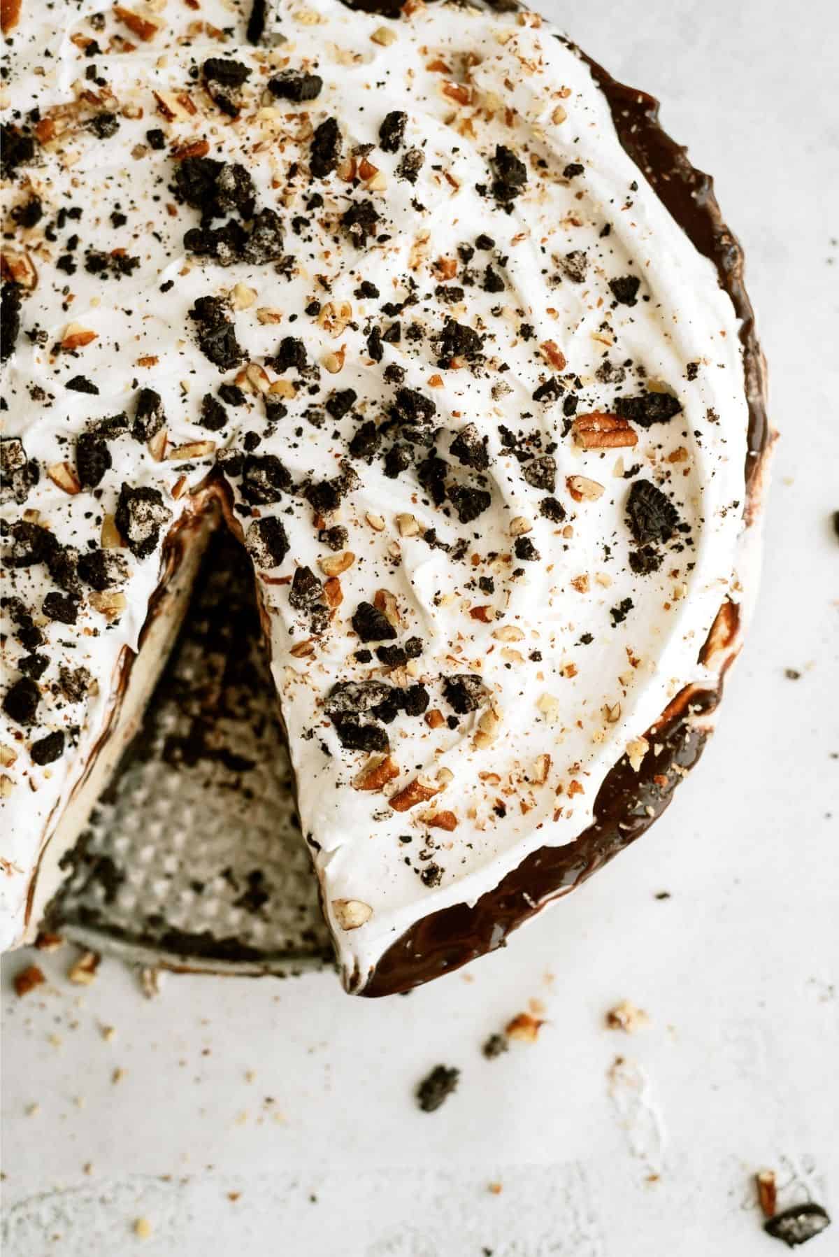 No Bake Mississippi Mud Ice Cream Pie with one slice misssing