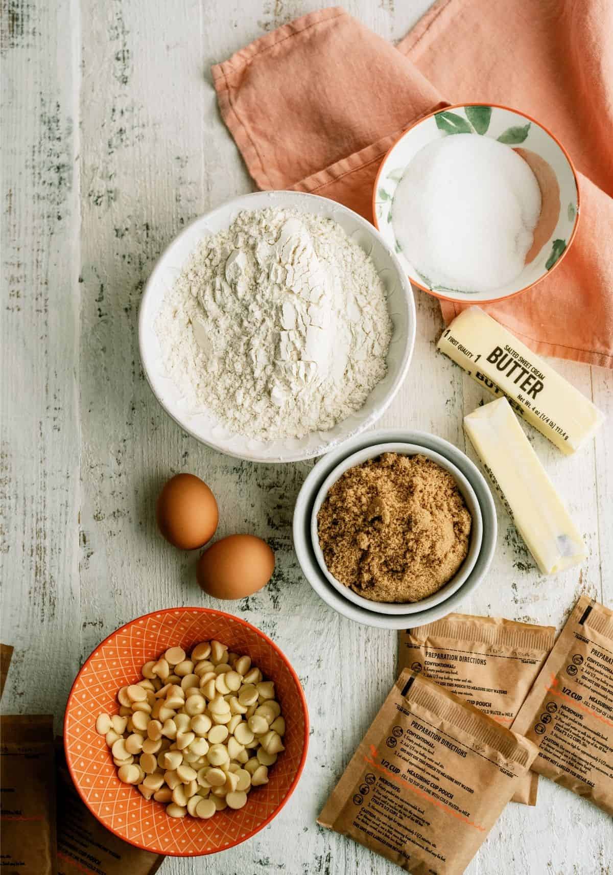 Ingredients needed to make Peaches and Cream Oatmeal Cookies.