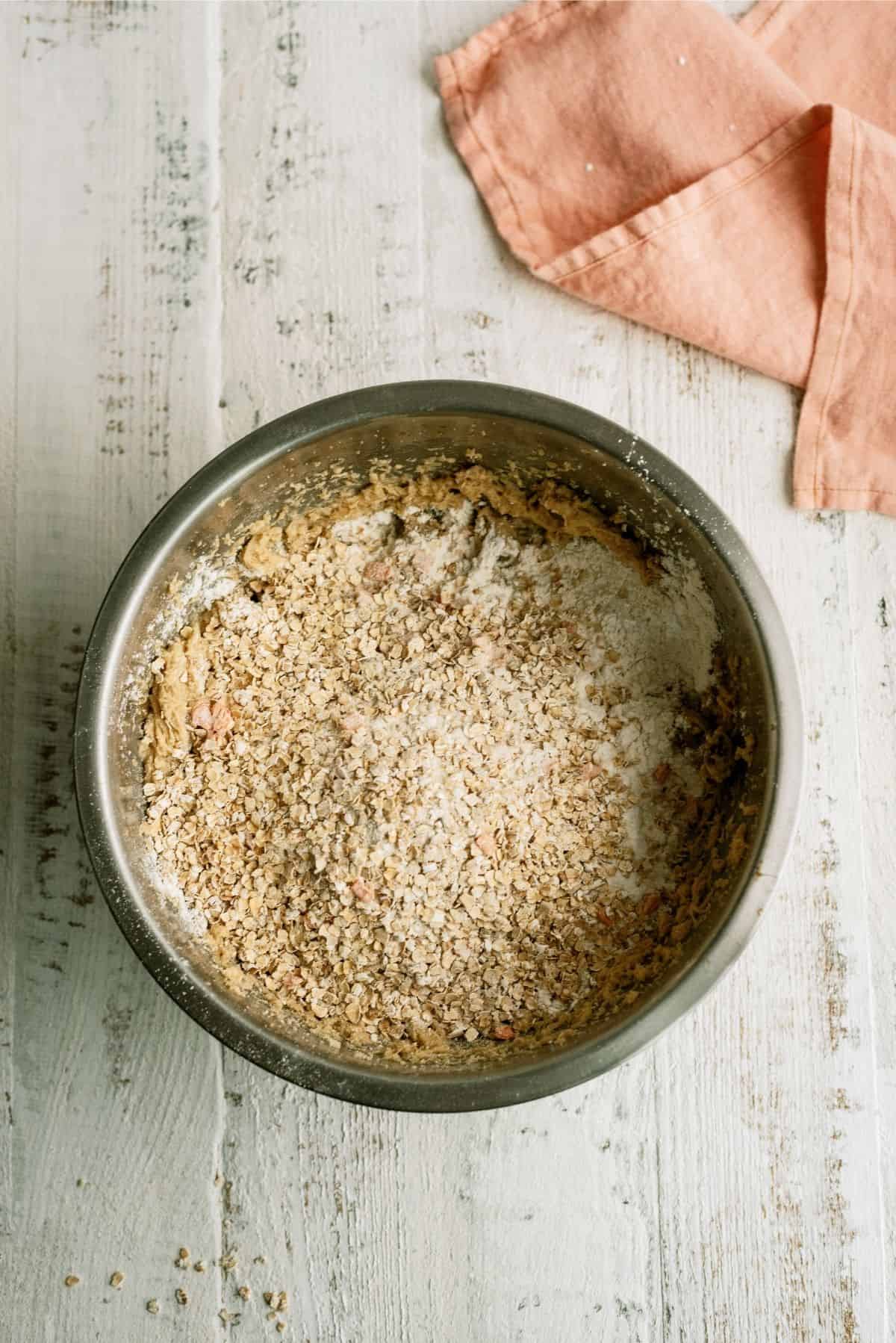 dry ingredients for Peaches and Cream Oatmeal Cookies mixed together in a bowl