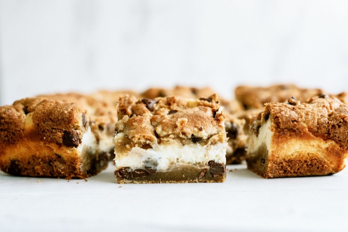Chocolate Chip Cheesecake Blondies cut into squares