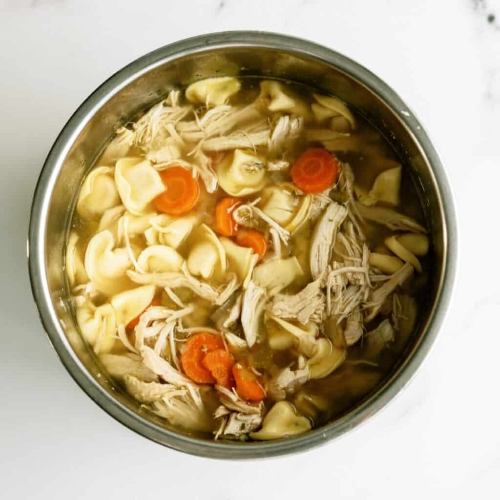 A bowl of chicken noodle soup with shredded chicken, sliced carrots, and pasta in broth on a white surface.