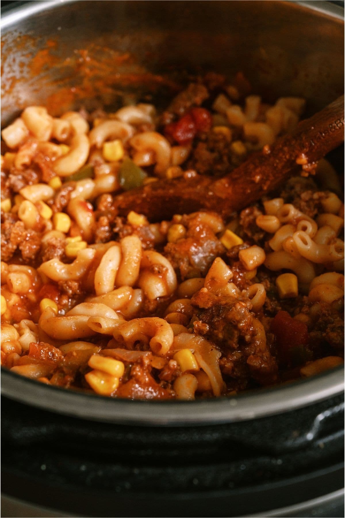 Close up of Instant Pot Ground Beef Goulash in the instant pot.