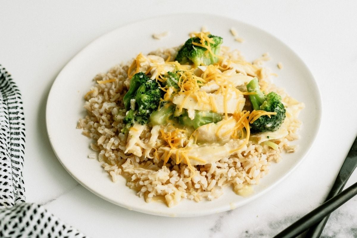 Slow Cooker Chicken and Broccoli Over Rice on a white plate