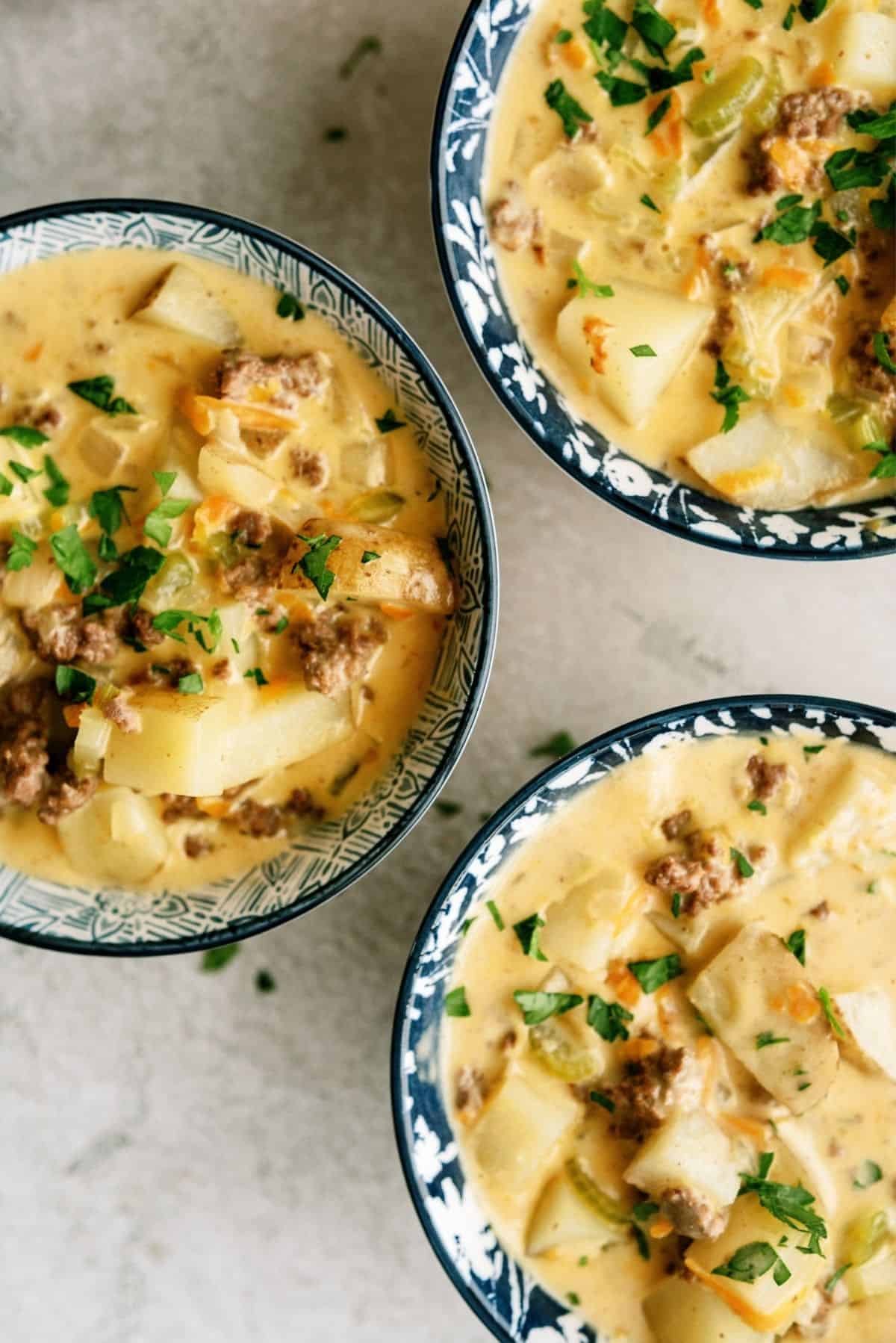 3 Bowls of The Best Cheeseburger Soup 