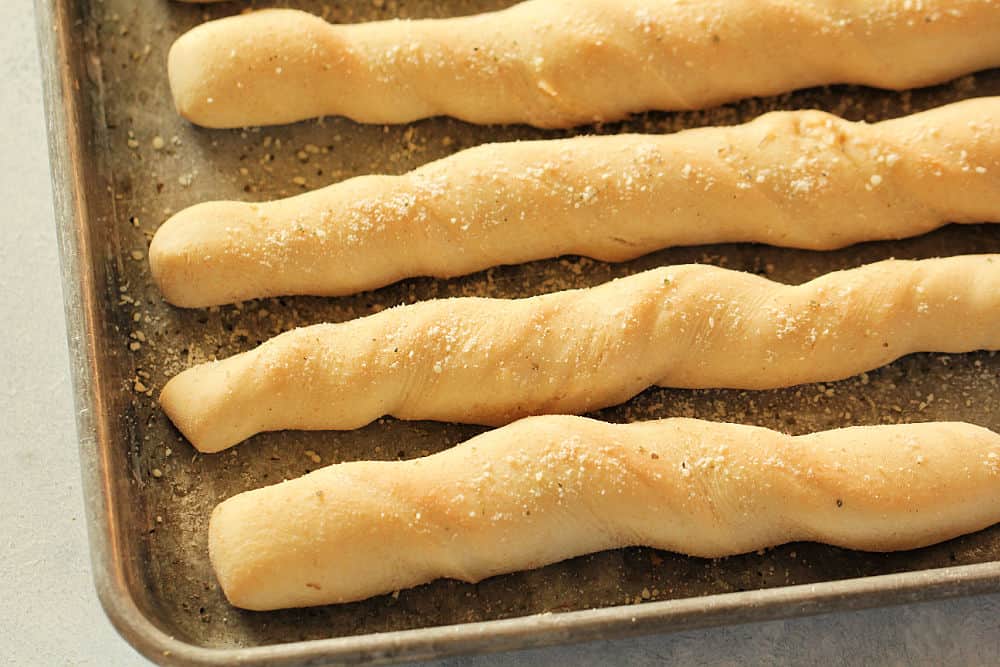 Quick Homemade Breadsticks baked on a sheet pan