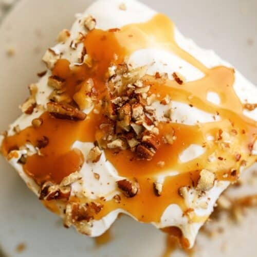 Overhead shot of caramel pumpkin poke cake