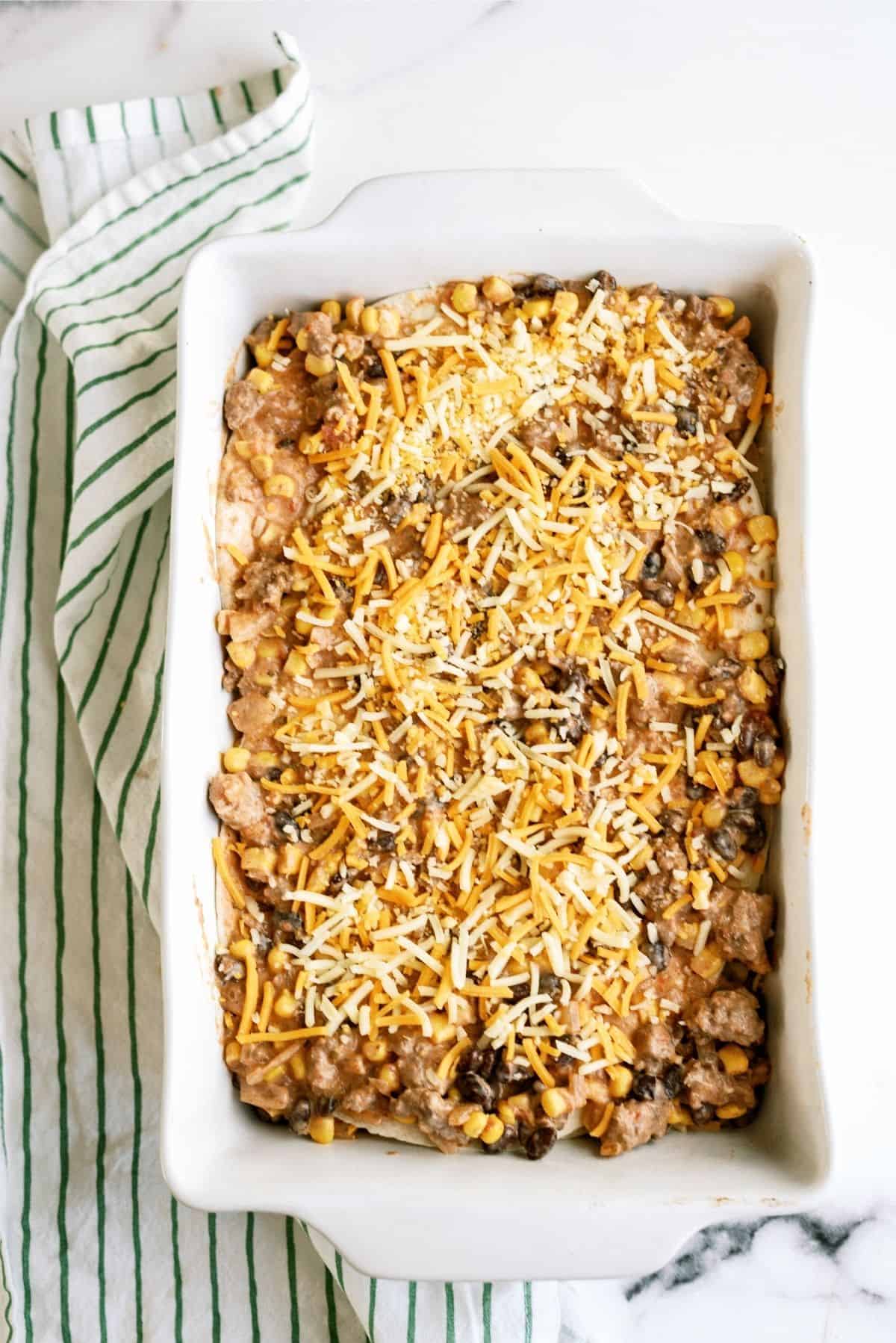 Unbaked Cheesy Beef Enchilada Casserole