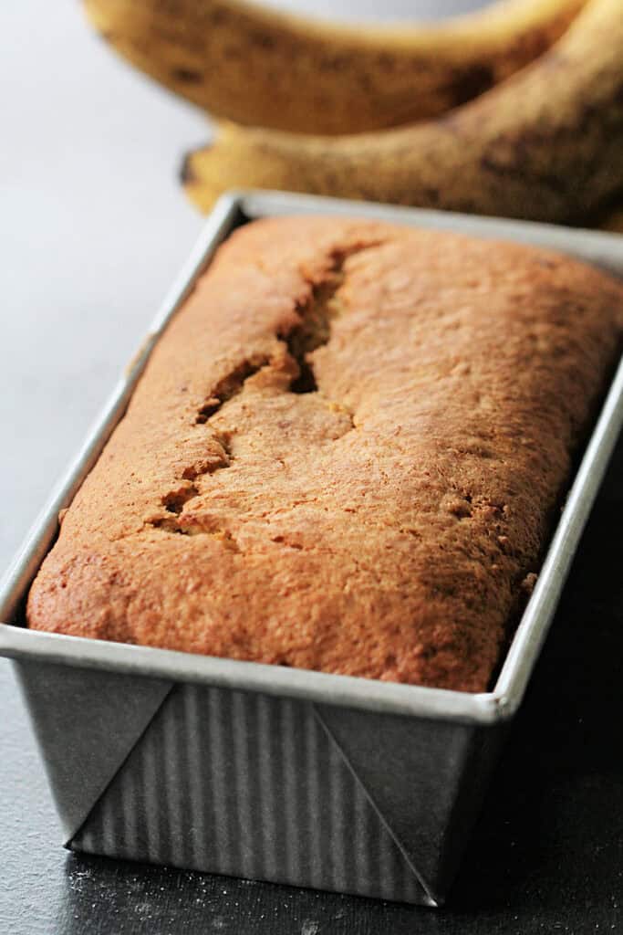 3 Ingredient Banana Bread in a loaf pan.
