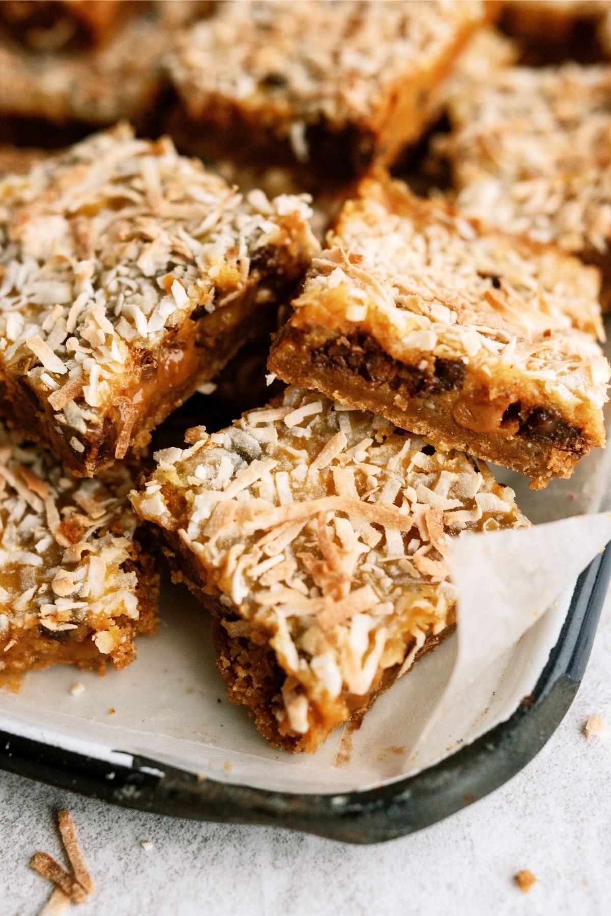 Magic Pumpkin Bars sliced and stacked on a serving tray