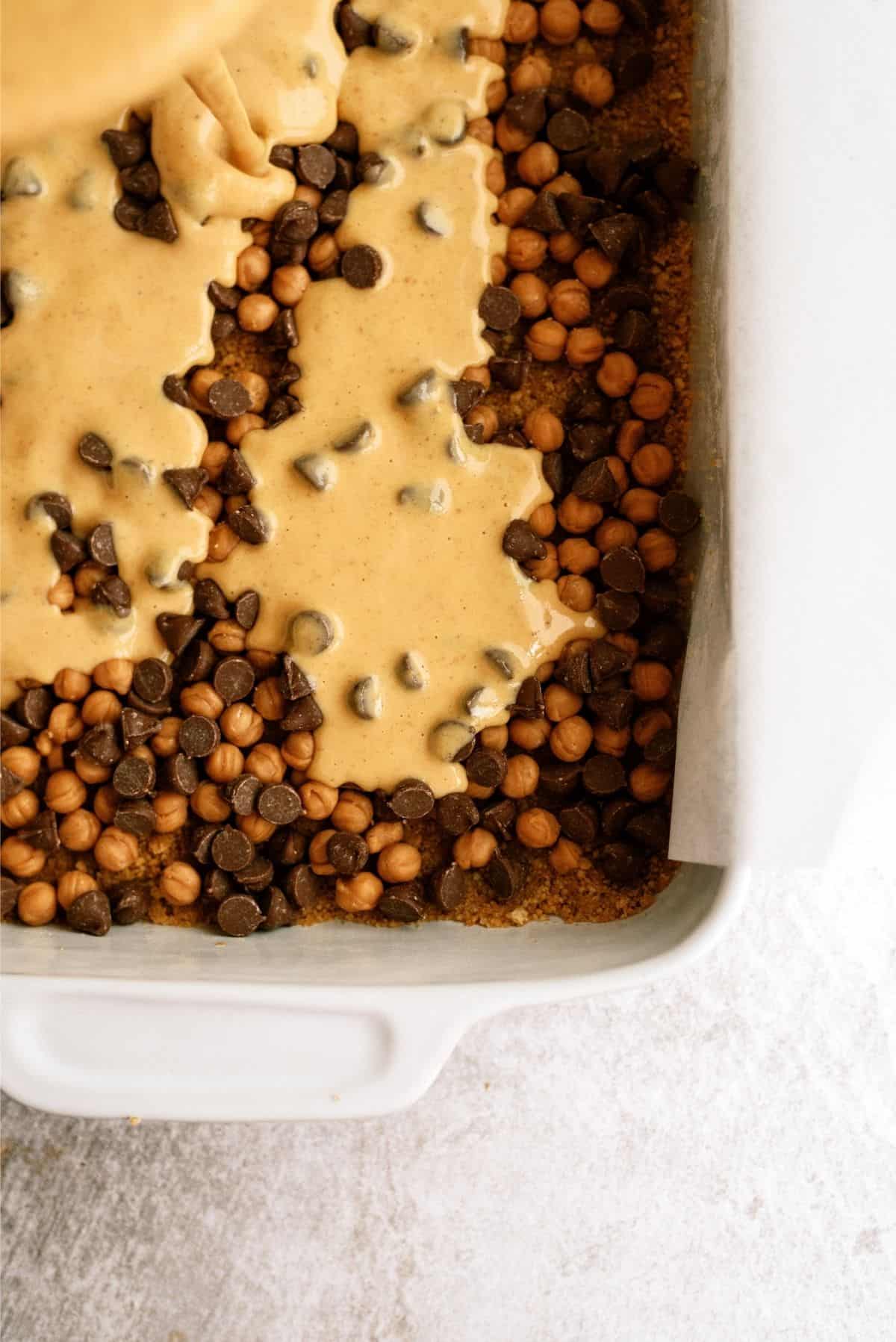 Pumpkin mixture poured on top of the chocolate chip layer