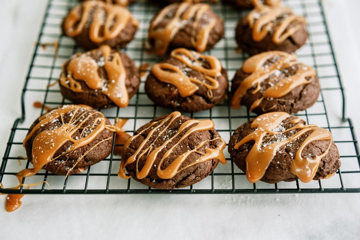 Salted Caramel Chocolate Cookies on a cooling rack