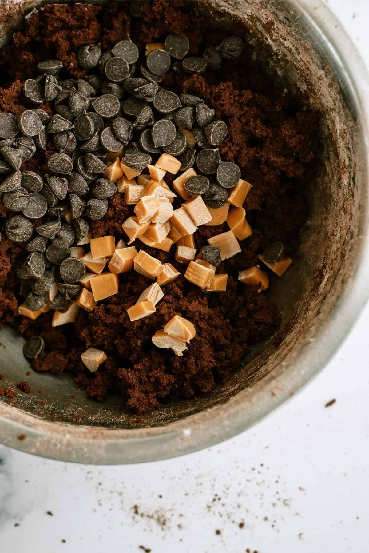 Adding caramel bits and chocolate chips to Salted Caramel Chocolate Cookie dough