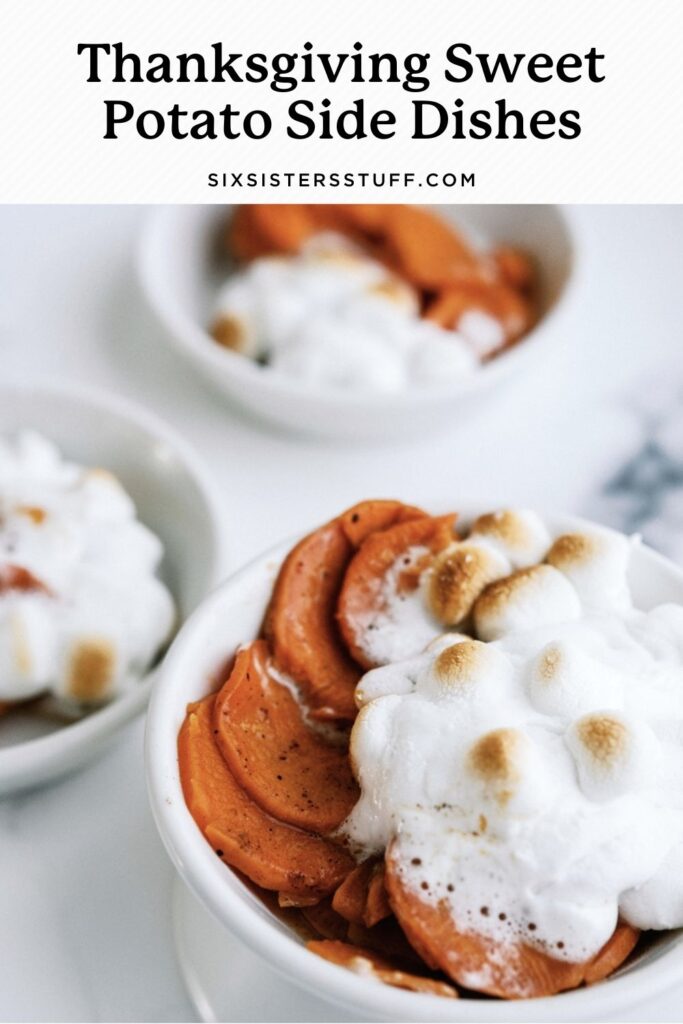 candied sweet potatoes in serving bowls with marshmallows on top