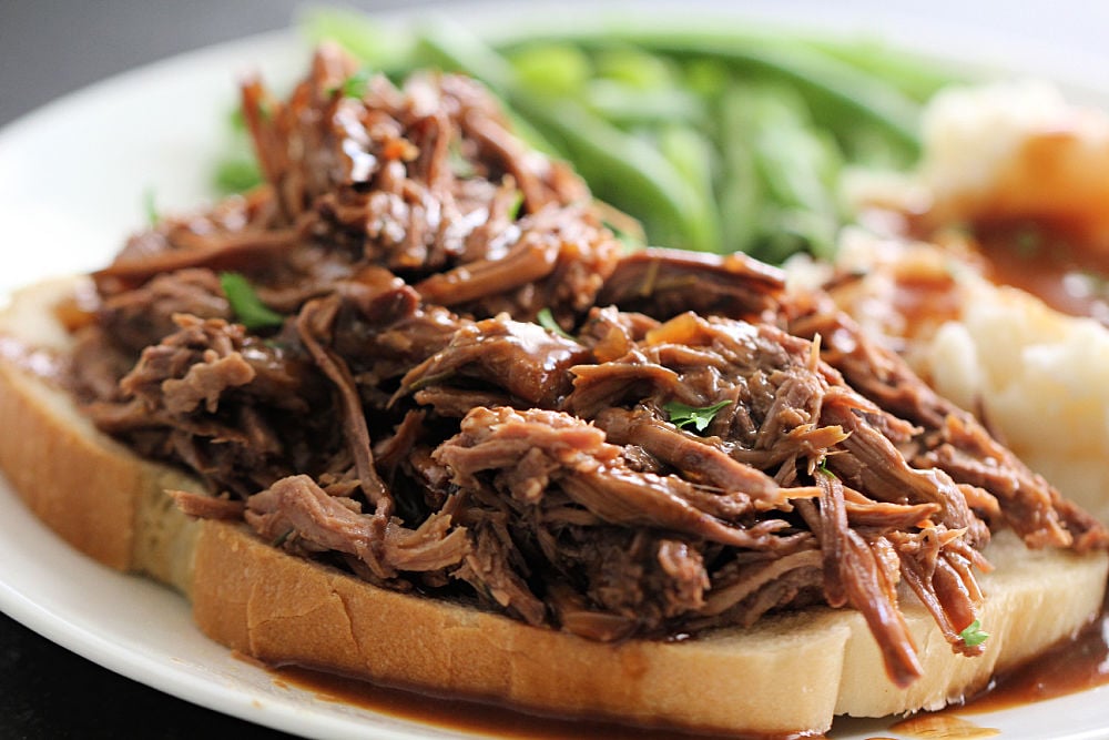 Open-Faced Hot Beef Sandwiches served with mashed potatoes and green beans