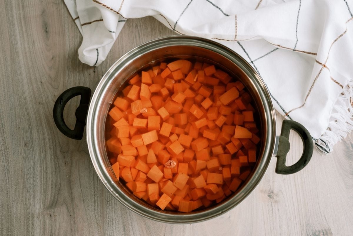 Peeled and cubed yams in a large pot