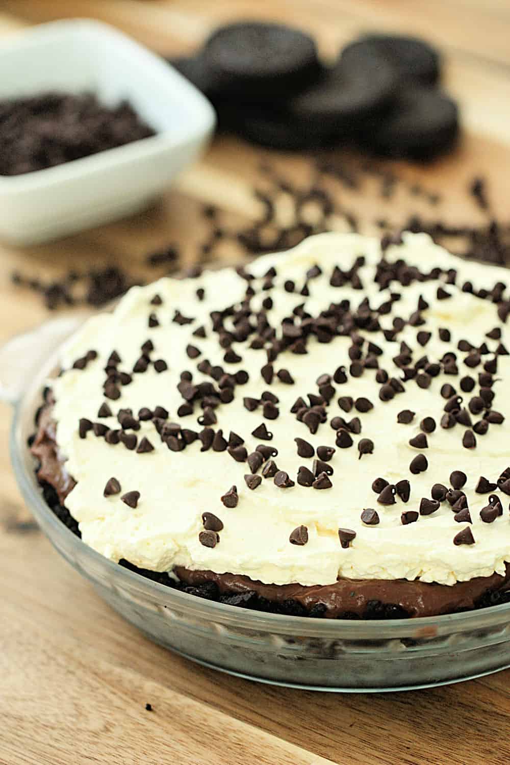 No Bake Chocolate Cream Pie in a glass pie plate