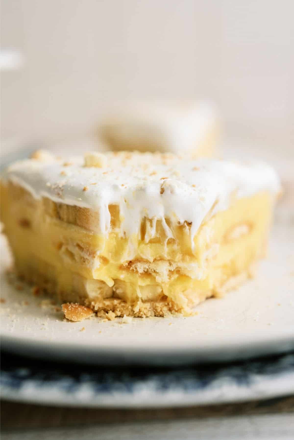 Slice of Easy Banana Cream Pie on a white plate