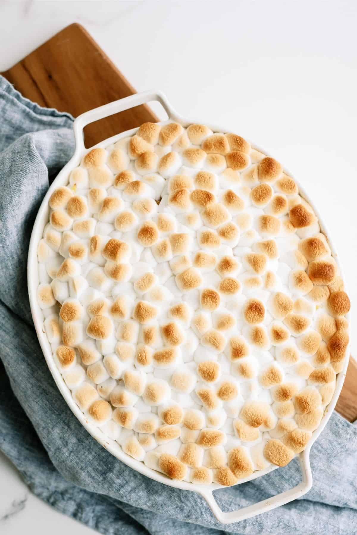 Mom’s Sweet Potatoes in a white casserole dish 