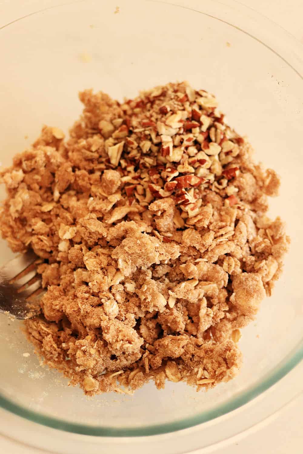 Mixing bowl with crumble mixture combined