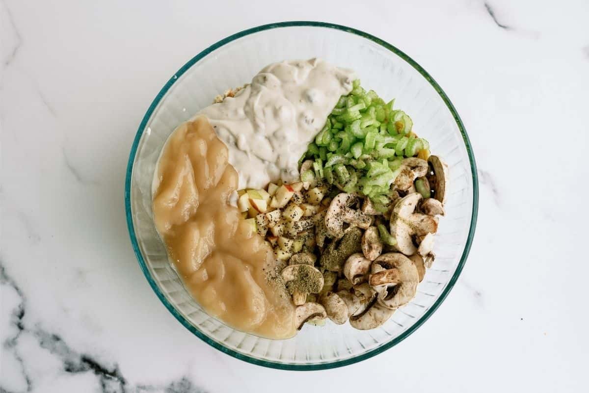 Mixing bowl with all the ingredients for stuffing